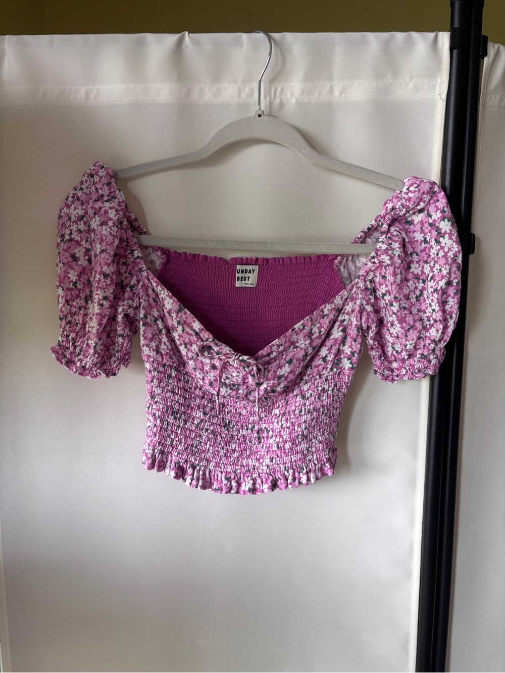 Aritzia Pink Floral Smocked Puff-Sleeve Crop Top